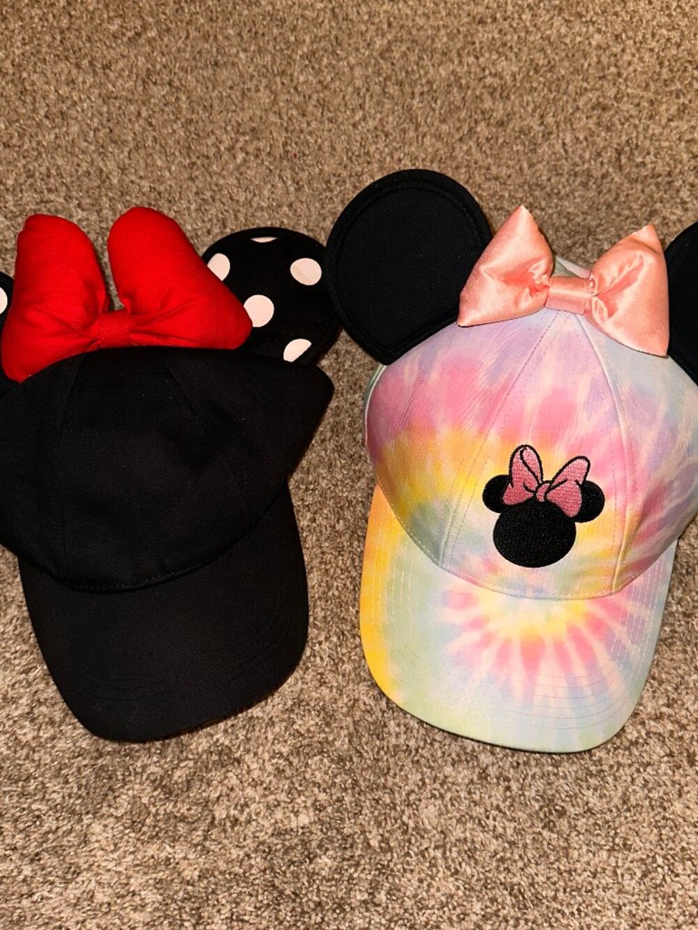 2 Disney Minnie Mouse Ears & Bow Baseball Cap Hats Red/White Polka Dot Tye Dye
